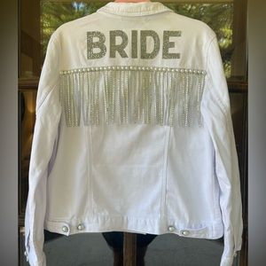 Bride to be Denim Jacket Batcherolette Party sz large 12 14 White Silver Bling